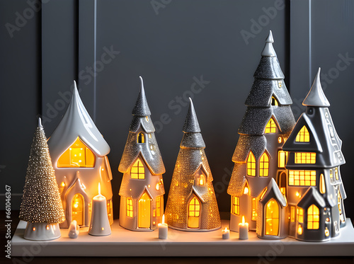 Candlelit Christmas house POV dark papercutstyle duotone. © Natasha Breen