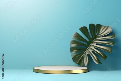Empty podium with golden leaf monstera on blue background for minimalist stage display and abstract showcase. Generative AI