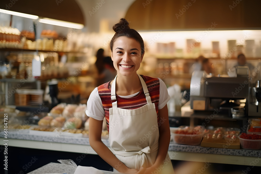 working employe woman in a supermarket welcoming customer with smiling face working employe woman in a supermarket welcoming customer with smiling face