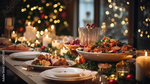 Christmas Dinner table full of dishes with food and snacks, New Year's decor with a Christmas tree on the background