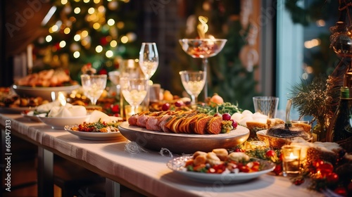 Christmas Dinner table full of dishes with food and snacks  New Year s decor with a Christmas tree on the background