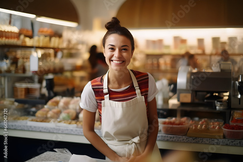 working employe woman in a supermarket welcoming customer with smiling face