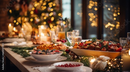 Christmas Dinner table full of dishes with food and snacks, New Year's decor with a Christmas tree on the background © PRO Neuro architect