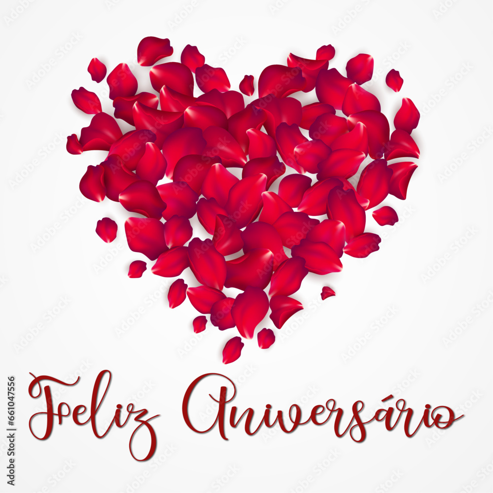 Cartão ou banner para desejar feliz aniversário em vermelho com um coração vermelho feito de pétalas acima em um fundo branco Cartão ou banner para desejar feliz aniversário em vermelho com um coração vermelho feito de pétalas acima em um fundo branco