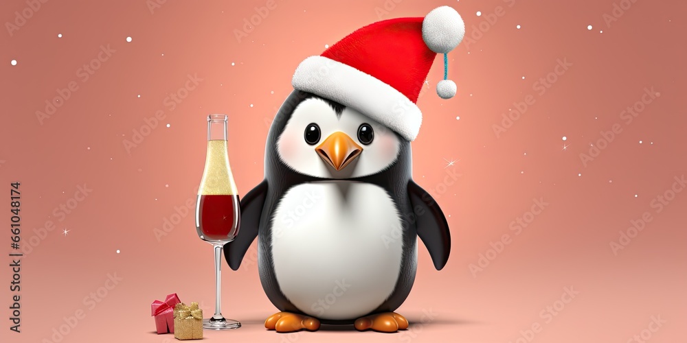 Fototapeta premium Cute Penguin holding champagne glass celebrating in christmas and new year.
