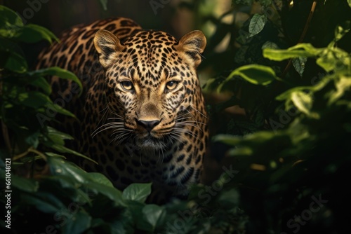 Leopard Walking Through Lush Green Forest