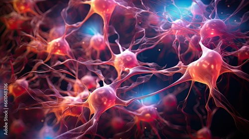 Microscopic macroscopic close view of neuronal connexions in a human brain, science and medical microbiology render illustration imagery