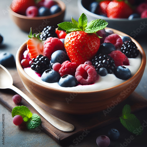 Close - up shot of a berries smoothie bowl with a thick, creamy texture and vivid fruit toppings