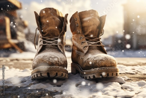 Brown Boots on Snow Covered Ground
