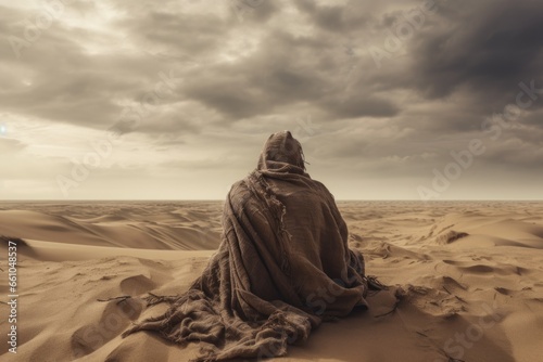 Person Sitting in Desert with Blanket