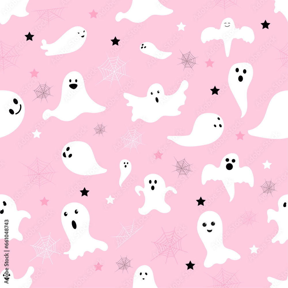 Seamless Halloween pattern with ghost and spider web Spooky repeat wallpaper Funny halloween monsters on pink background Halloween party  Gift wrapping paper fabric design Vector illustration