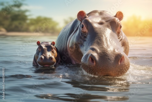 Hippo and Baby in Water © Ева Поликарпова