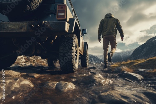 Man Walking Towards Jeep in Mountains photo
