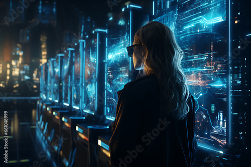 A Businesswoman Overseeing a Secure Data Center.
