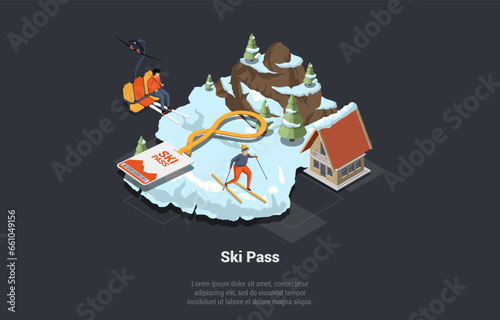 Adventures, Hiking, Exploring Concept. Man And Woman Skiing Downhill And Using Chairlift And Ski Pass. Luxury Mountains Hotel Resort With Easy Access To Ski Lift. Isometric 3d Vector Illustration