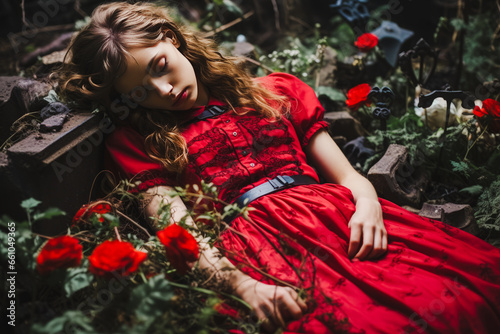 Haunting Victorian-era scene of a girl in red dress asleep amidst dried red flowers in a cemetery. photo