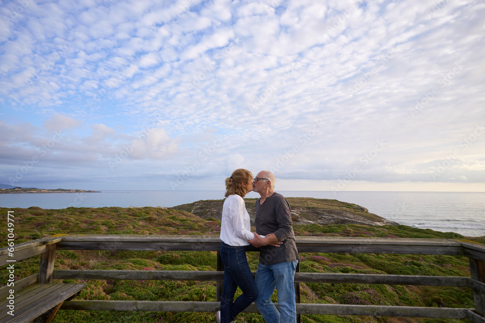 Romantic adult couple side view kissing in front of the sea with the light of dawn and a cloudy blue sky. Adult couple outdoors enjoying vacation together. Romantic adult couple side view kissing in front of the sea with the light of dawn and a cloudy blue sky. Adult couple outdoors enjoying vacation together.