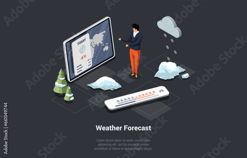 Concept Of Weather Forecast For Every Day of the Week. Weatherman Show In Application On Tablet Screen Information About Weather For Coming Period Of Time. Isometric 3D Cartoon Vector Illustration