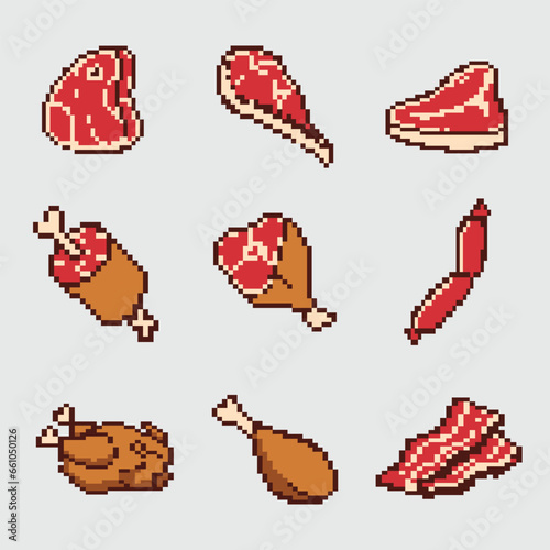 Raw meat pixel art set of beef pork chicken and steak