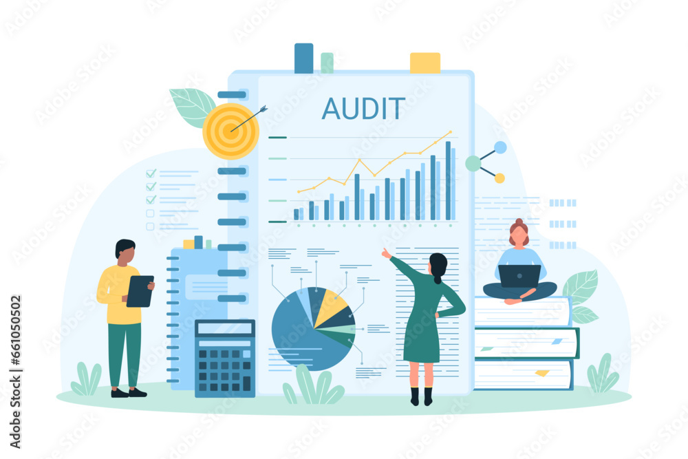 Audit analysis and financial discovery vector illustration. Cartoon tiny people research business graph results on paper sheet, control tax documents, accounting and data analytics by auditors - obrazy, fototapety, plakaty 