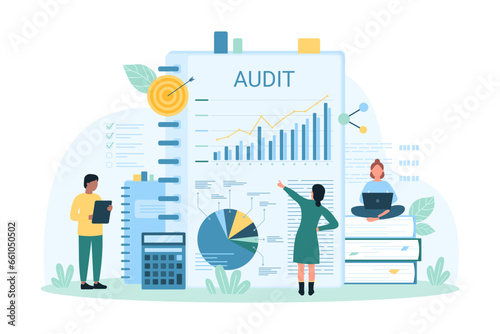 Audit analysis and financial discovery vector illustration. Cartoon tiny people research business graph results on paper sheet, control tax documents, accounting and data analytics by auditors