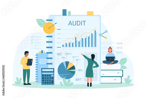 Audit analysis and financial discovery vector illustration. Cartoon tiny people research business graph results on paper sheet, control tax documents, accounting and data analytics by auditors