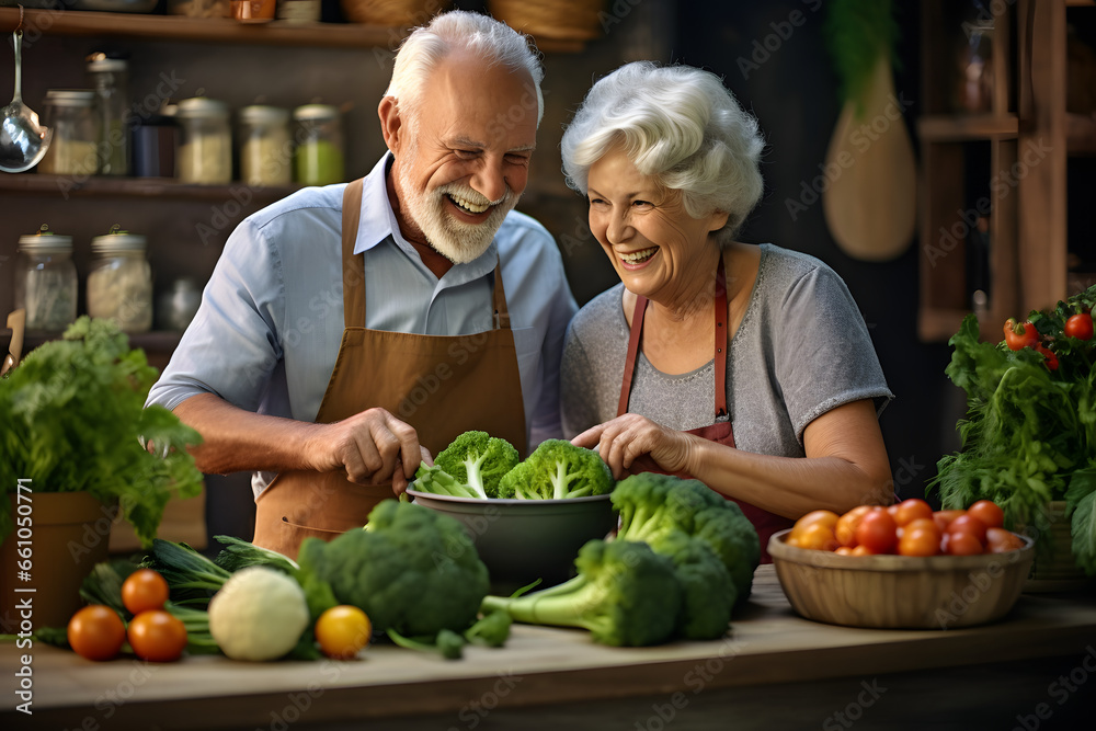 Elderly couple smiles while mixing salad in a well-lit kitchen Elderly couple smiles while mixing salad in a well-lit kitchen