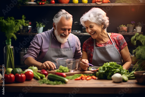 Elderly couple happily preparing fresh vegetables in a dimly lit kitchen