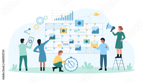 Content plan creation vector illustration. Cartoon people research and create schedule of publication in social media in calendar, strategy and planning for marketing advertising and brand promotion © Flash Vector