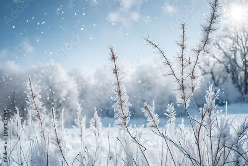 Winter atmospheric landscape with frost-covered dry plants during snowfall. Winter Christmas background 