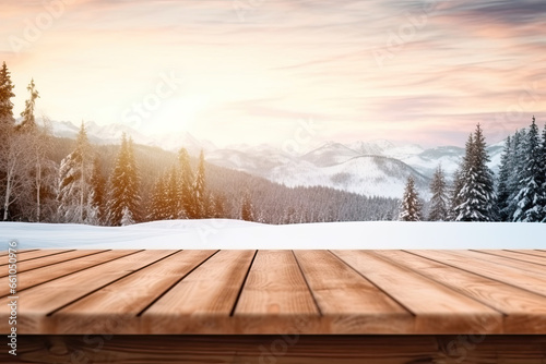 Empty Wooden table and winter landscape background © Oranuch