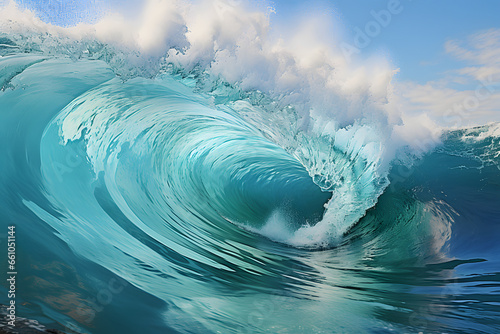 Dynamic, aqua wave rushes towards coastal beach, showcasing power and fluidity of nature. photo