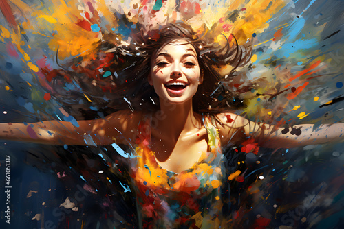 Exuberant woman surrounded by vibrant paint splashes with arms outstretched