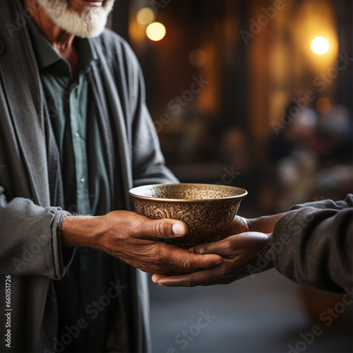 hands of a volunteer giving a bowl of food to someone in need at a help and support center.concept of care and assistance to the homeless  the poor and those affected by natural disasters and wars. 