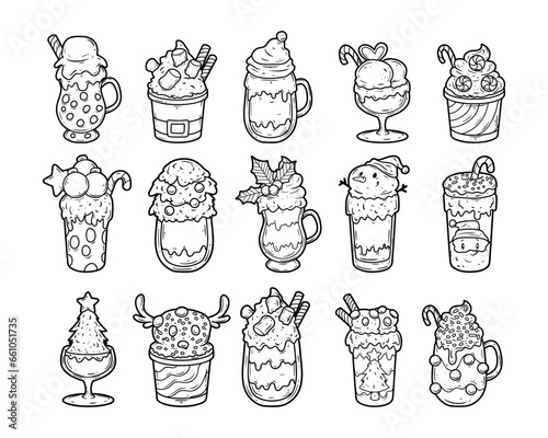 Set of christmas milkshake drinks with hand-drawn outline sketch illustration