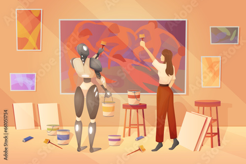 Collaboration work between AI and human to generate art content vector illustration. Cartoon robot and human painters team holding paintbrushes to paint image together in modern studio interior