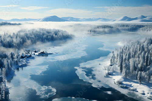 Foggy winter morning, frozen lake, blue toned, aerial view.