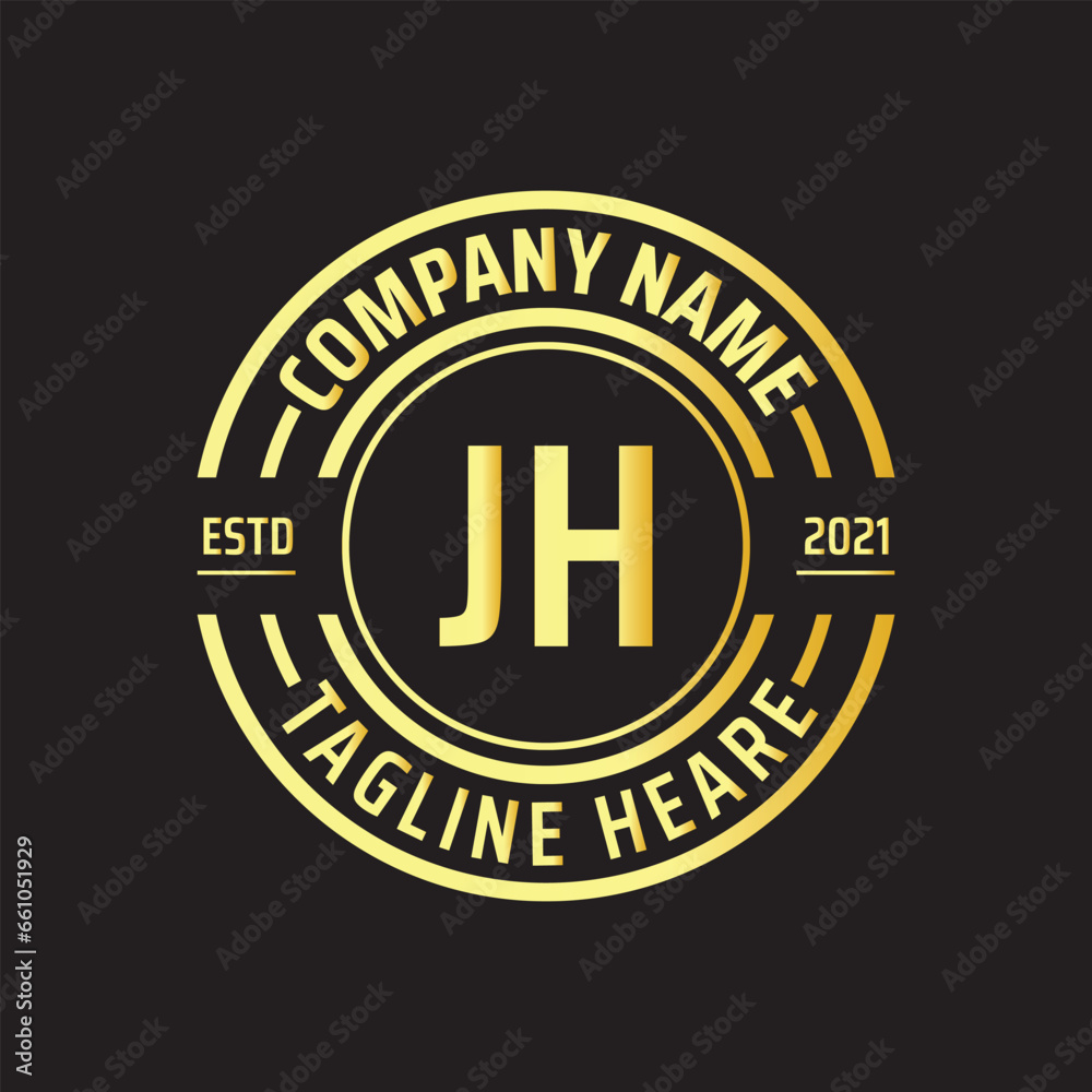 Professional simple Letter JH Circle Luxury Gold Color Vector Logo Template