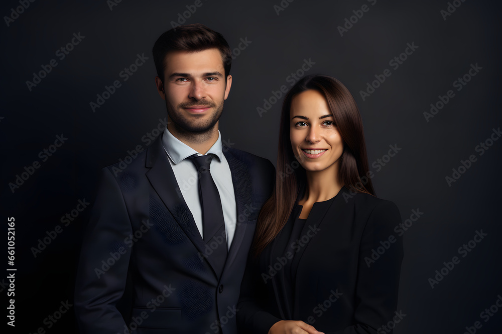 A man in a suit stands beside a woman in a black blazer against a dark background A man in a suit stands beside a woman in a black blazer against a dark background