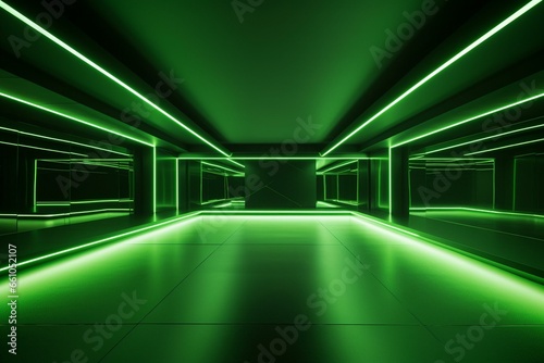 Sleek abstract green indoor space with neon lighting and minimalistic architectural design. Generative AI