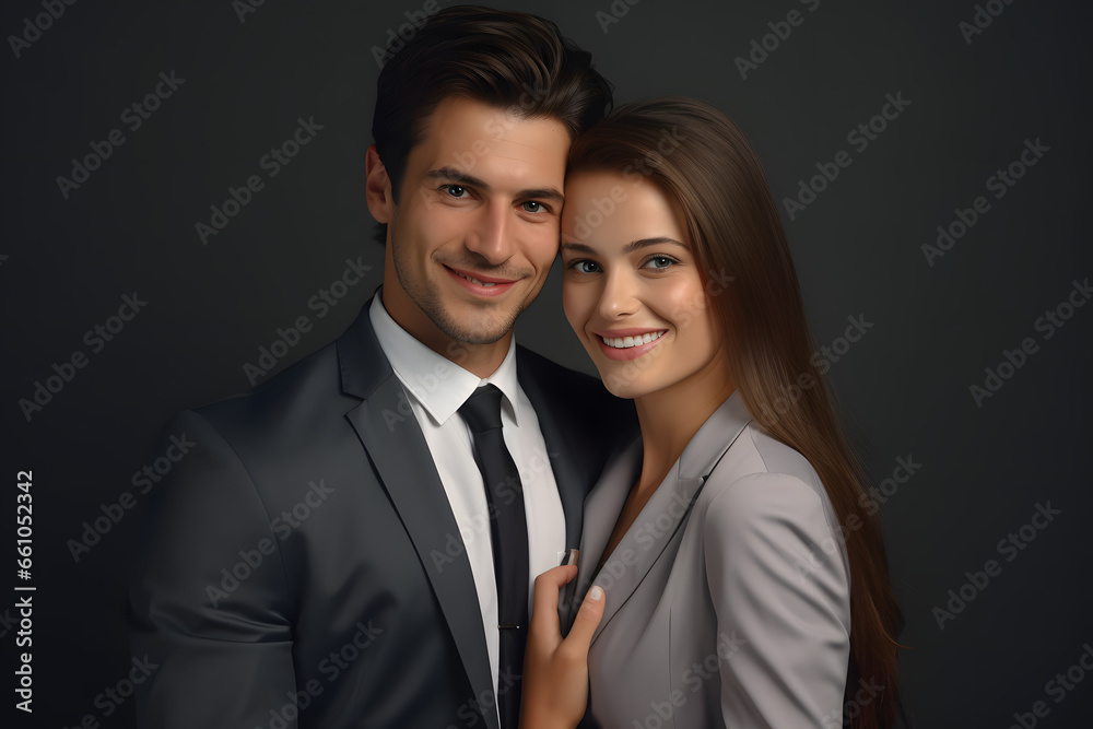 Close couple poses elegantly against a dark background Close couple poses elegantly against a dark background