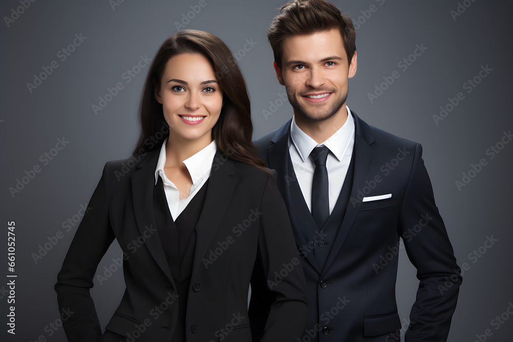 Two business professionals smiling against a gray backdrop Two business professionals smiling against a gray backdrop