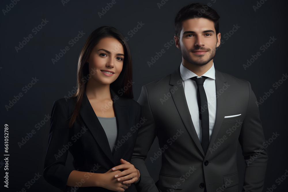 Professional man and woman standing together against dark background Professional man and woman standing together against dark background