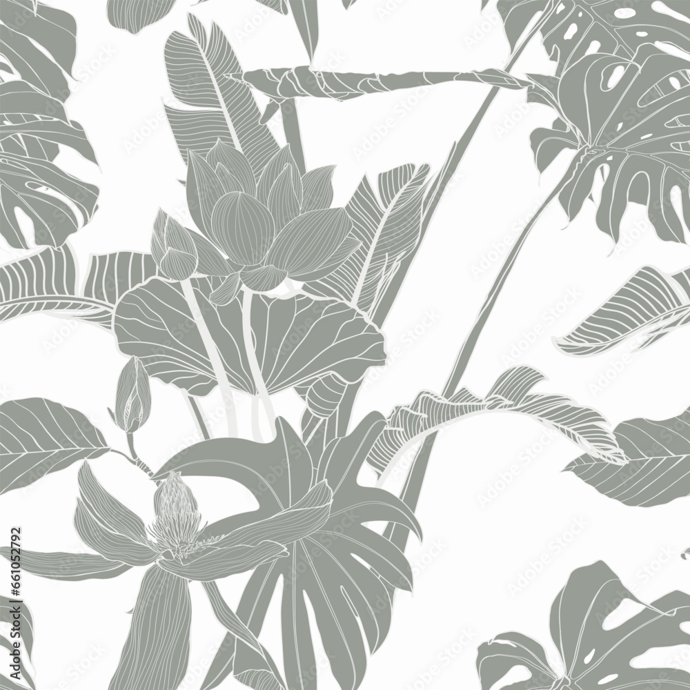 Tropical exotic floral line palm leaves and flowers seamless pattern, line background. Exotic jungle wallpaper.	