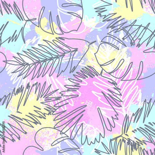 Fashion tropics funny wallpapers. Seamless pattern with leaf on pastel colourful background. © artlavi_design