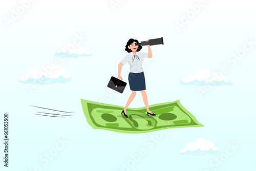 Smart businesswoman riding flying banknote money using telescope or spyglass to see future, investment opportunity, visionary to make profit or financial growth (Vector)