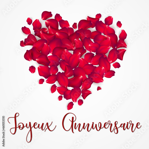 Carte ou bandeau pour souhaiter un joyeux anniversaire en rouge avec un coeur rouge formé de pétales au dessus sur un fond blanc