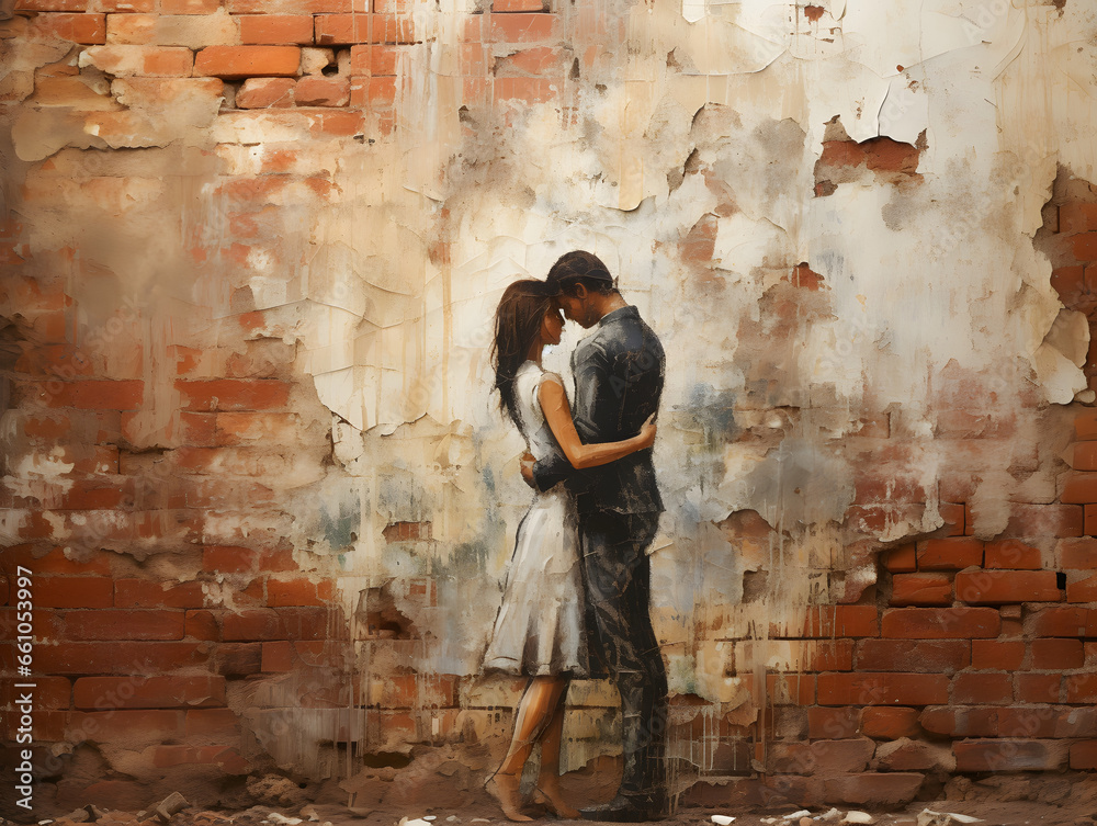 Love concept, man kiss girl graffiti, on brick wall.