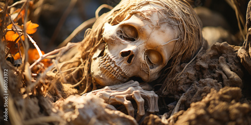 Grim assembly of numerous human skeletons and skulls, portraying a mass grave's haunting sorrow. photo