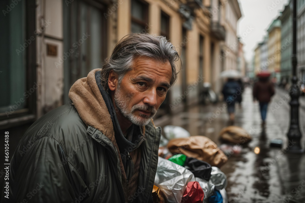 Poor homeless man on polluted city streets, symbolizing societal crisis, urban poverty, housing crisis, environmental degradation. Generative AI